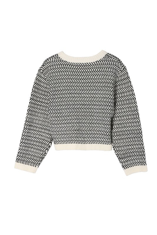 Herringbone Pattern Crew Neck Long Sleeve Sweater