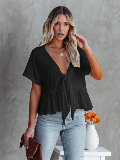 Tied Plunge V-neck Short Sleeve Blouse