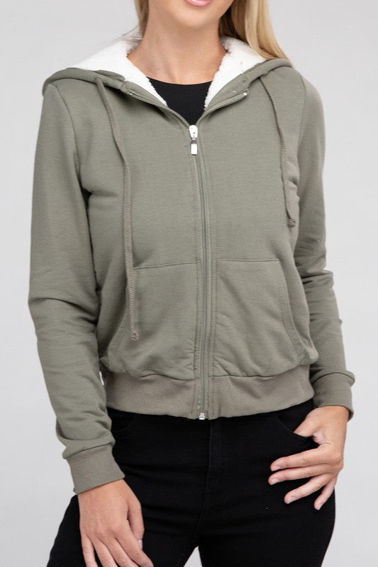 Fuzzy Trim Zip-Up Cropped Length Hoodie