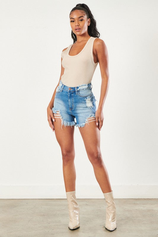 Distressed Casual Vintage Wash Fitted Denim Shorts