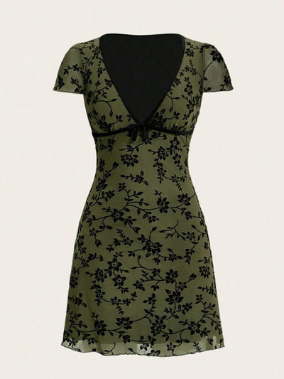 Printed V-Neck Short Sleeve Mini Dress - Cute Bow Detail Summer Dress - Fashions Envy