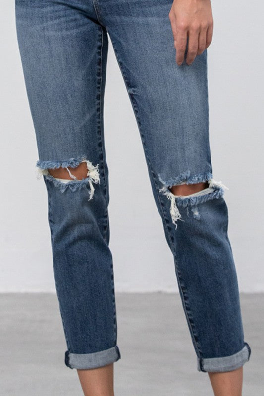 Ripped Boyfriend Stretch Denim Jeans