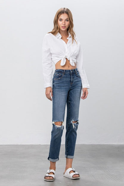 Ripped Boyfriend Stretch Denim Jeans