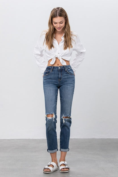 Ripped Boyfriend Stretch Denim Jeans