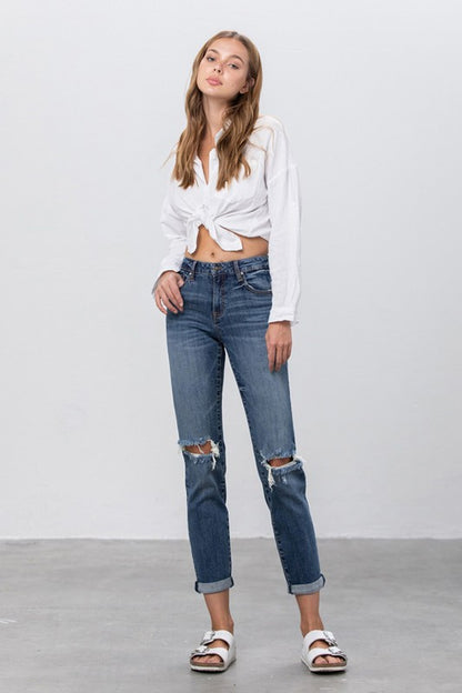 Ripped Boyfriend Stretch Denim Jeans