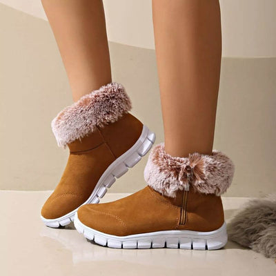 Side Zip Faux Fur Boots - Cozy Low Heel Winter Boots - Fashions Envy