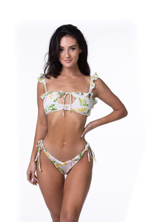 Lemon Print Ruffle Trim side Tie Bikini Swimsuit