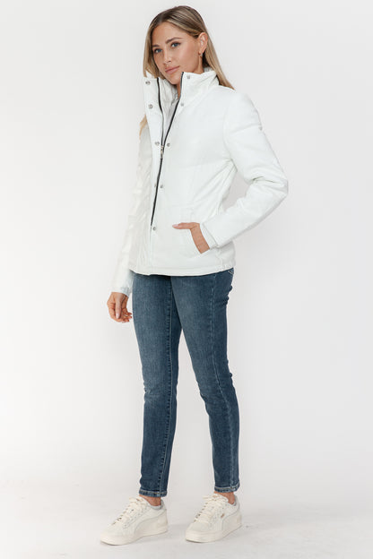 Pocketed Zip Up Turtleneck White Puffer Jacket