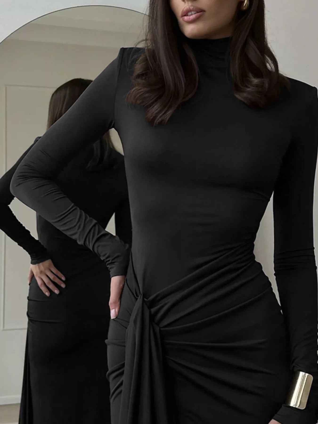 Turtleneck Maxi Dress - Long Sleeve Slit Tie Waist Style - Fashions Envy