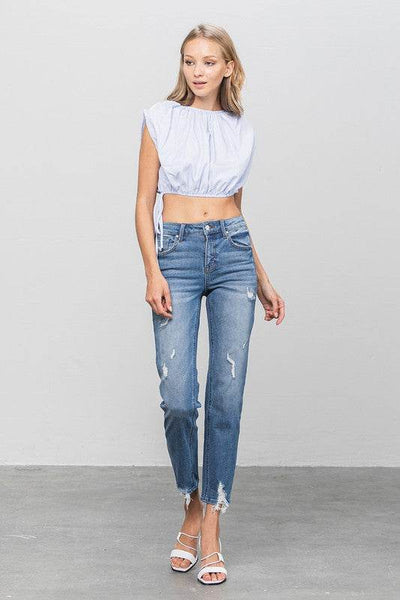 Mid-Rise Slim Girlfriend Jeans with Ripped Details - Fashions Envy