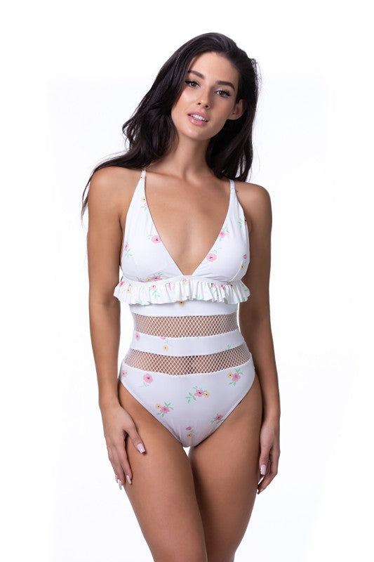 Floral Ruffle Trim V-Neck One-Piece Swimsuit