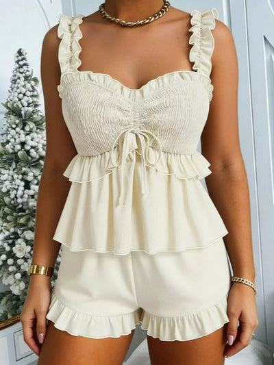 Cami and Shorts Set - Ruffled Smocked Wide Strap - Fashions Envy