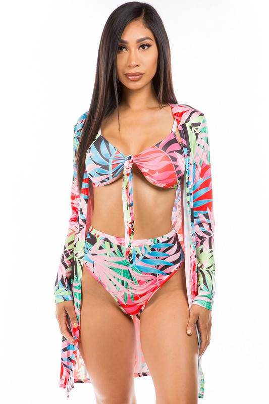 Floral Print Front Tie Bikini with Matching Cover Up