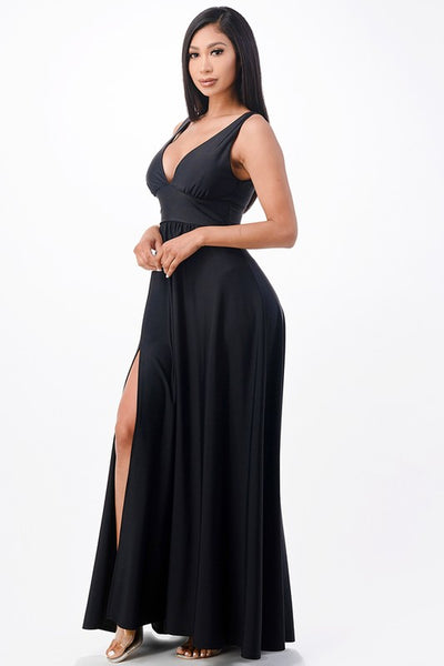 Dull Tricot Deep-V Neck A line Maxi Dress