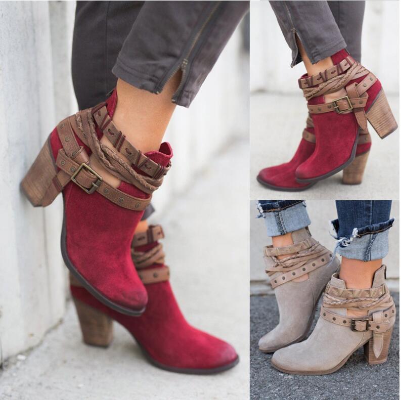 Women's High Heel Martin Boots - Rivet Belt Buckle Design - Fashions Envy