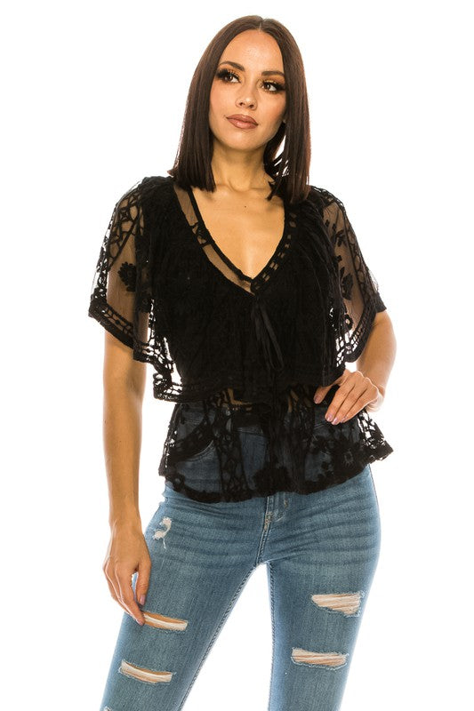 Black Lace Short Sleeve V-Neck Blouse