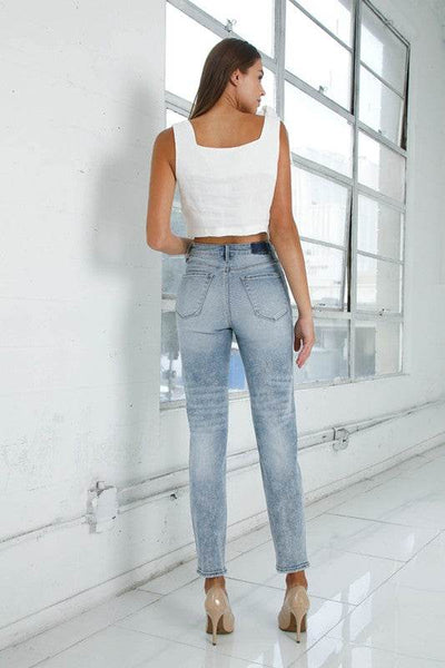 High-Rise Girlfriend Jeans in Light Wash with Ripped Details - Fashions Envy