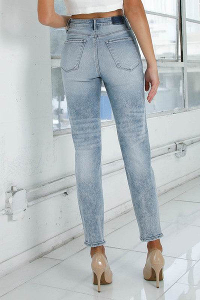 High-Rise Girlfriend Jeans in Light Wash with Ripped Details - Fashions Envy