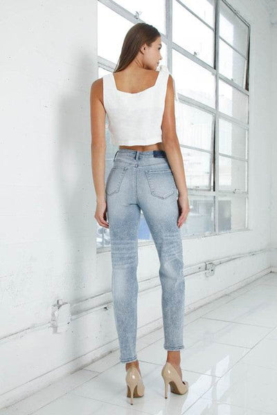 High-Rise Girlfriend Jeans in Light Wash with Ripped Details - Fashions Envy