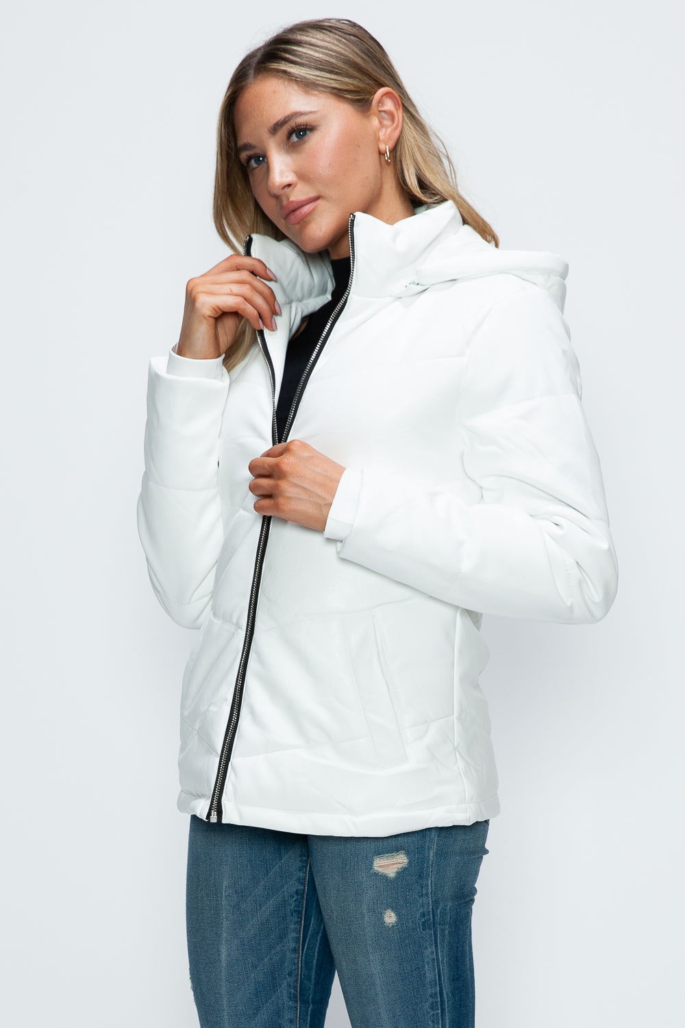 White Pocketed Zip Up Puffer Jacket with Removable Hood