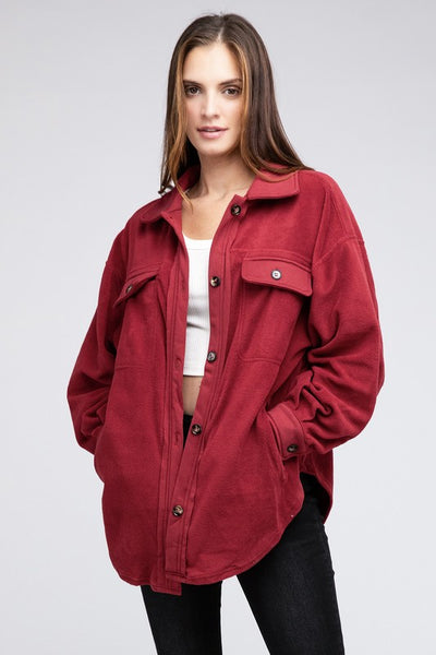 Fleece Buttoned Down Long Sleeve Oversized Jacket - Fashions Envy