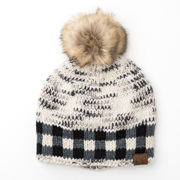 Heathered Knit CC Buffalo Print Pom Beanie