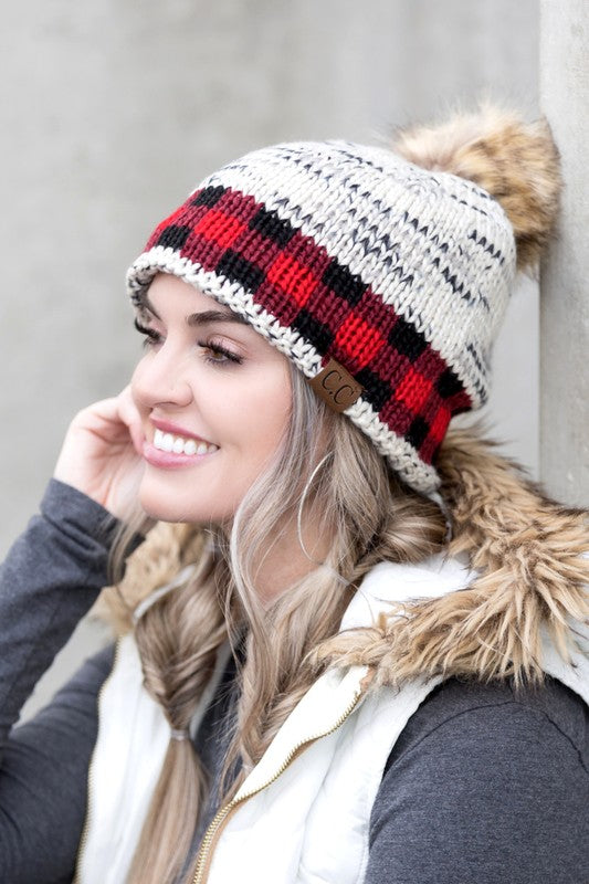 Heathered Knit CC Buffalo Print Pom Beanie