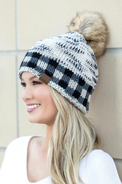 Heathered Knit CC Buffalo Print Pom Beanie