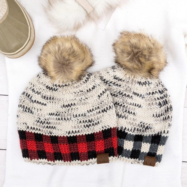 Heathered Knit CC Buffalo Print Pom Beanie