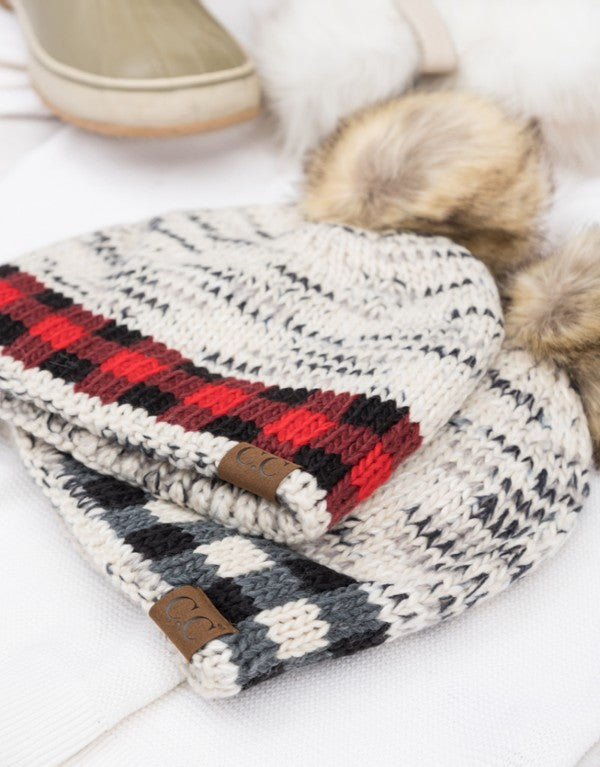 Heathered Knit CC Buffalo Print Pom Beanie