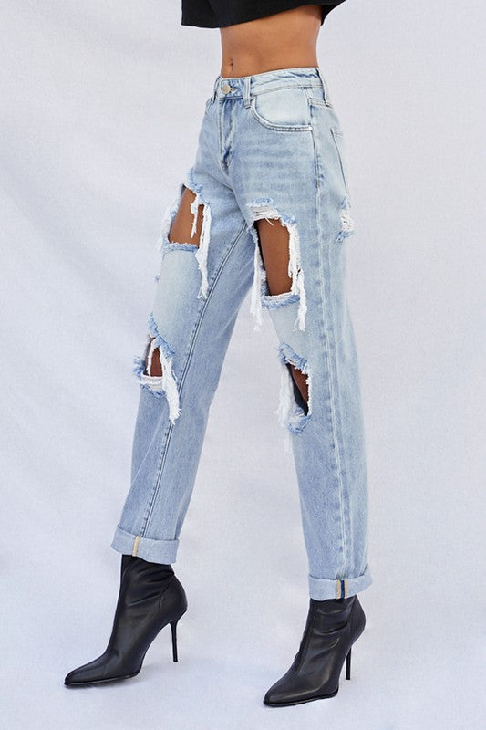 High-Rise Ripped Baggy Light Wash Denim Jeans