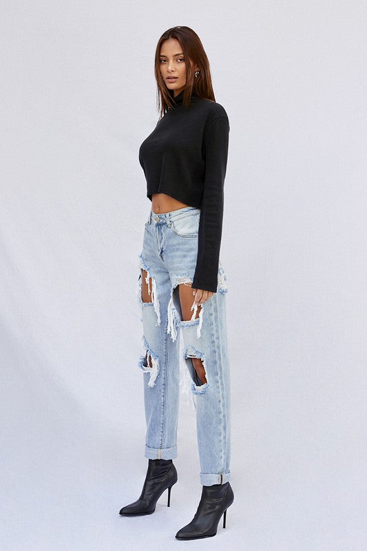 High-Rise Ripped Baggy Light Wash Denim Jeans