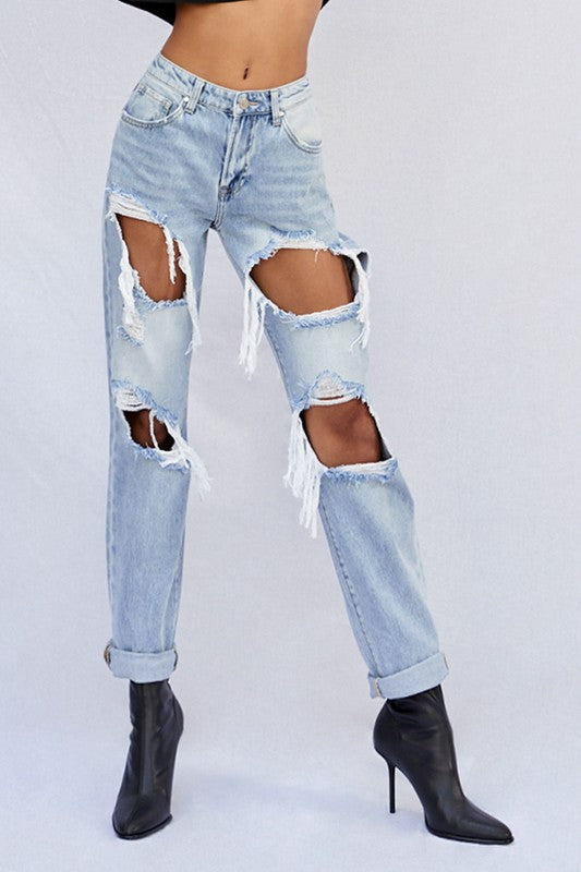 High-Rise Ripped Baggy Light Wash Denim Jeans