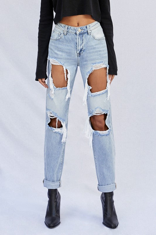 High-Rise Ripped Baggy Light Wash Denim Jeans