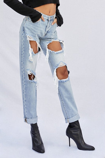 High-Rise Ripped Baggy Light Wash Denim Jeans