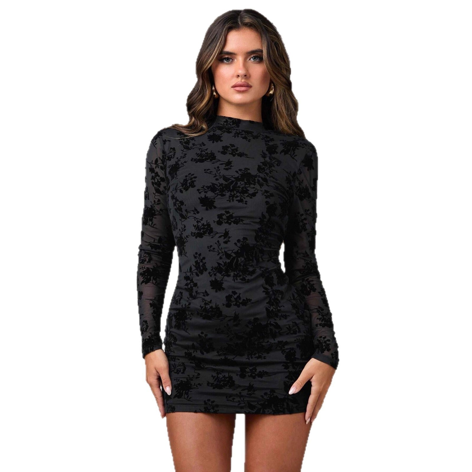 Black Open Back Mini Dress - Flocking Sheath Long Sleeve