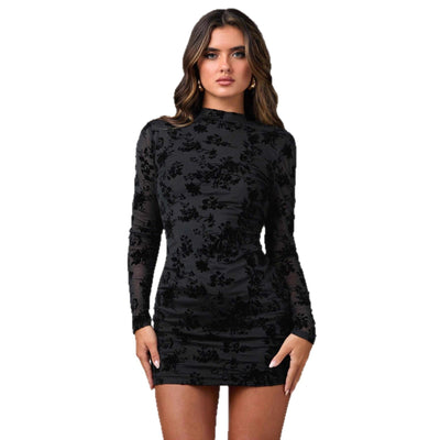 Black Open Back Mini Dress - Flocking Sheath Long Sleeve