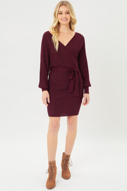 Off Shoulder Wrap Belted Ribbed Knit Sweater Dress