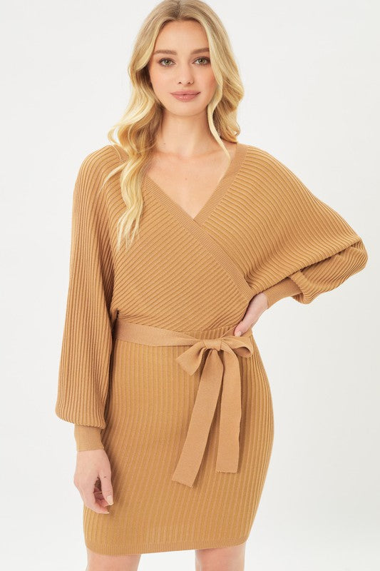 Off Shoulder Wrap Belted Ribbed Knit Sweater Dress