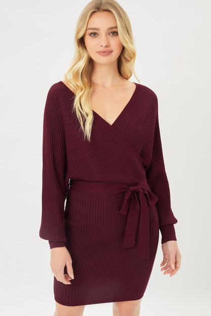 Off Shoulder Wrap Belted Ribbed Knit Sweater Dress