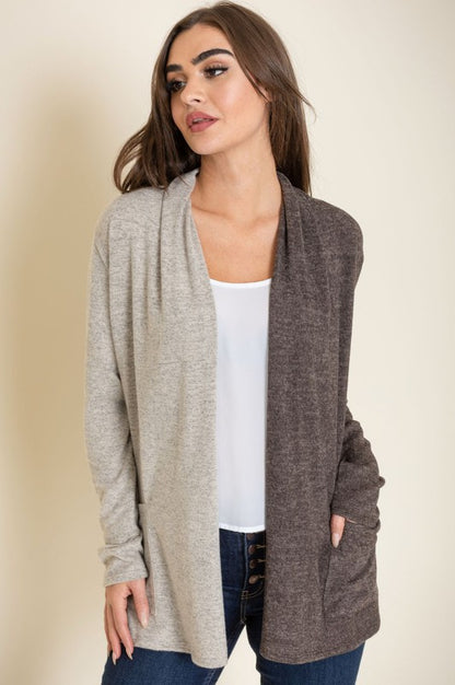 Hip Length Two Tone Knit Cardigan