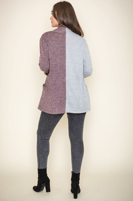 Hip Length Two Tone Knit Cardigan