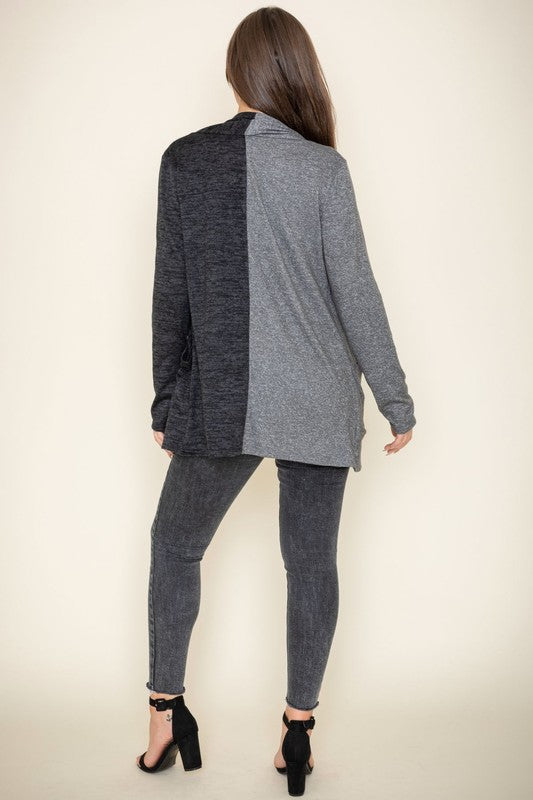 Hip Length Two Tone Knit Cardigan