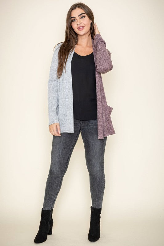 Hip Length Two Tone Knit Cardigan