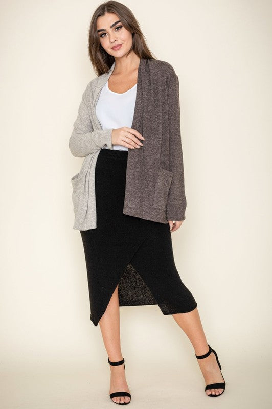 Hip Length Two Tone Knit Cardigan