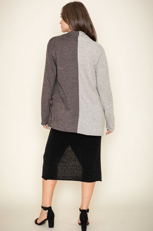 Hip Length Two Tone Knit Cardigan