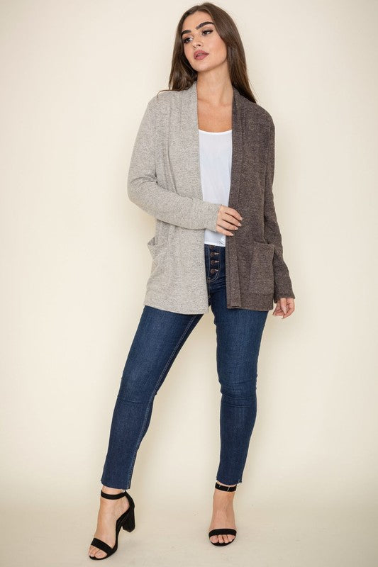 Hip Length Two Tone Knit Cardigan