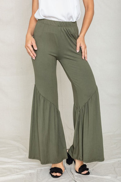 Diagonal Trim Ruffle Hem Wide Leg Pants