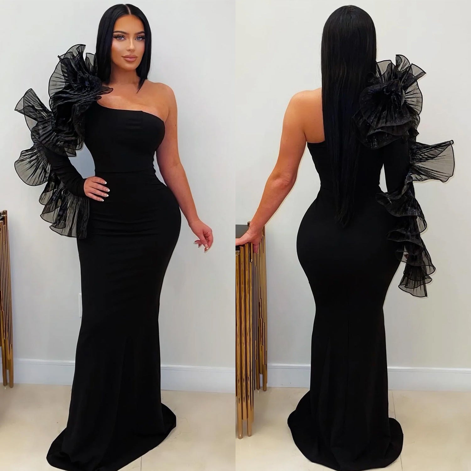 Single Ruffle Sleeve Fitted Dress - Elegant Fashion Gown