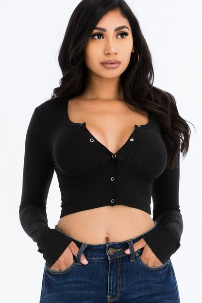 Ribbed Long Sleeve Snap Button Down Crop Top